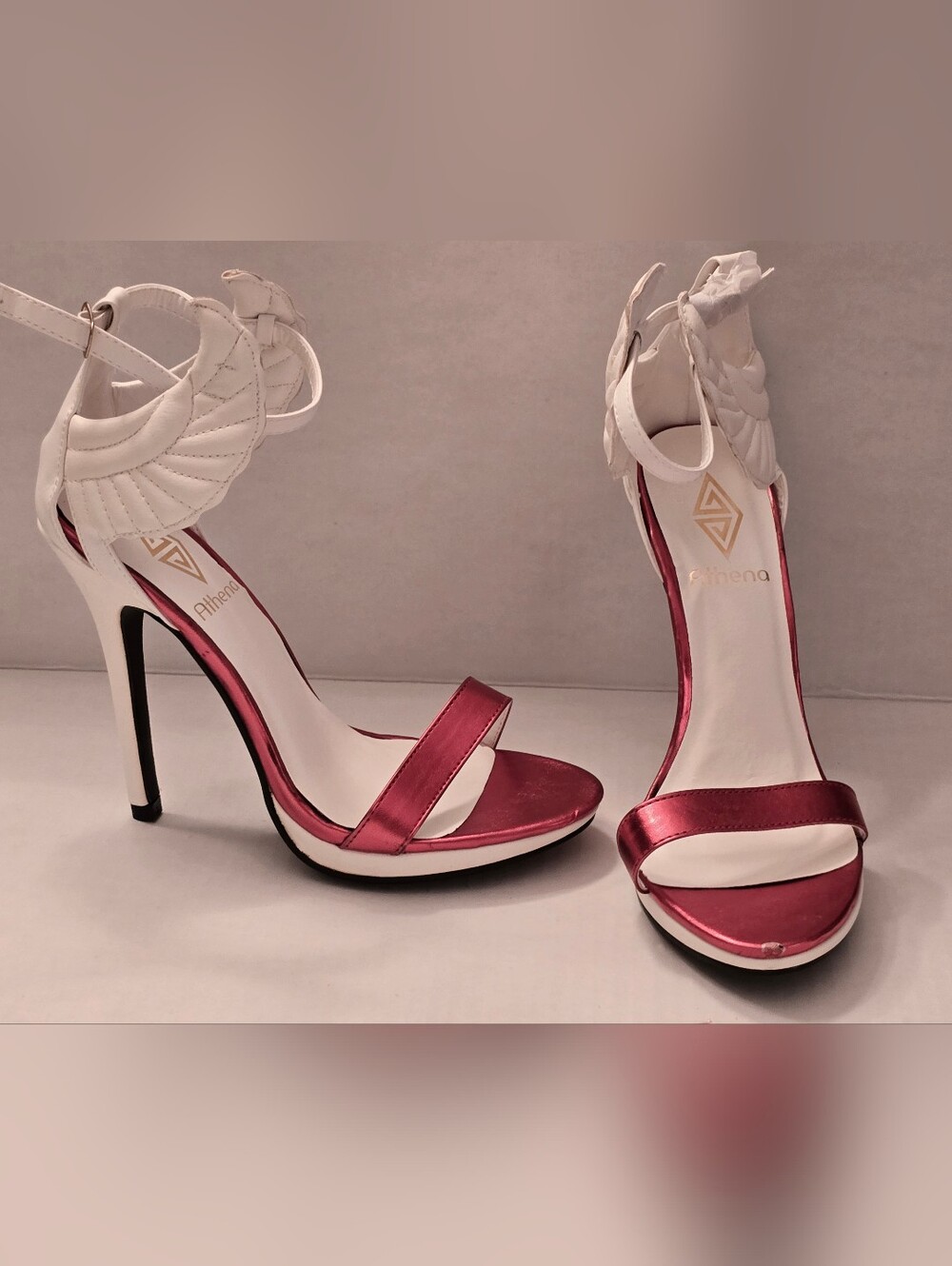 DIVA Lounge White and Red Satin Angel Wing Ankle Stiletto High Heels Sz. 6.5